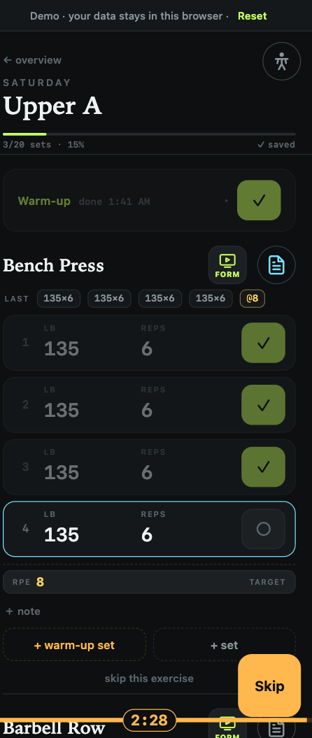 Rest timer counting down between sets