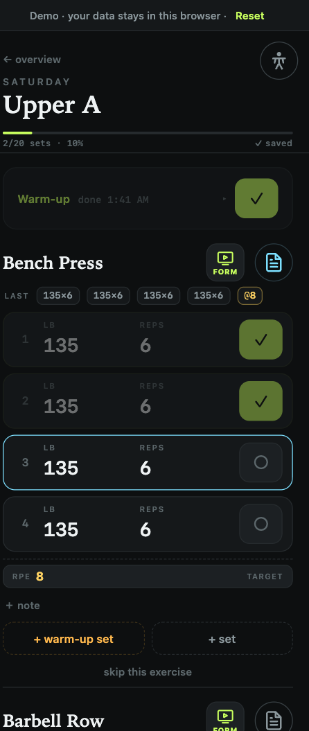 A workout in progress with sets being logged