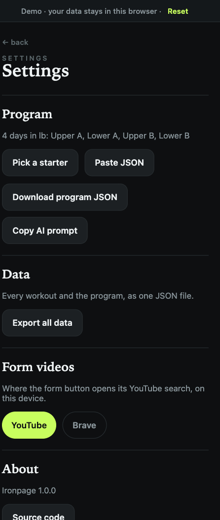 Settings screen for changing the program